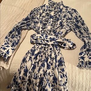 Tory Burch Ivory and Navy Floral Long Sleeve Dress